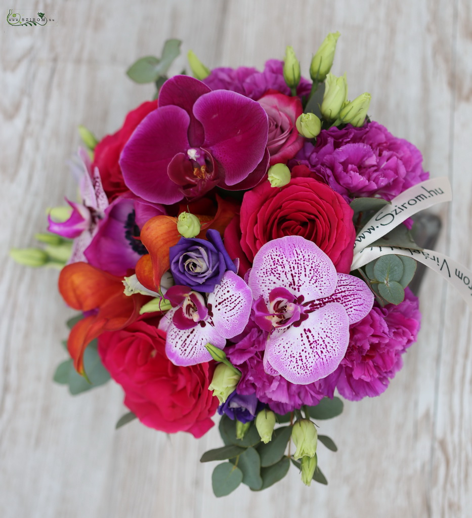 flower delivery Budapest - Bridal bouquet (rose, carnation, cala, orchid, lisianthus, anemone, pink, purple, orange) 