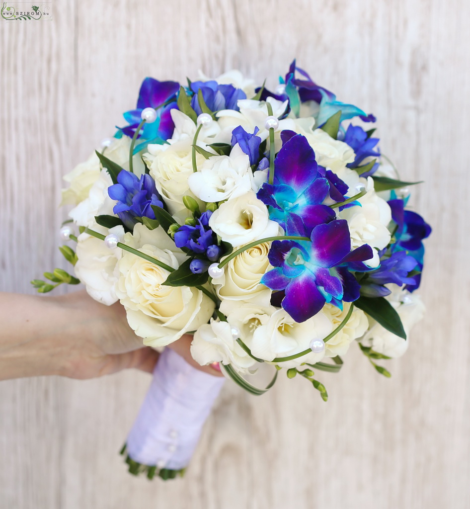 flower delivery Budapest - Bridal bouquet (rose, freesia, dendrobium, gentian, white, blue)