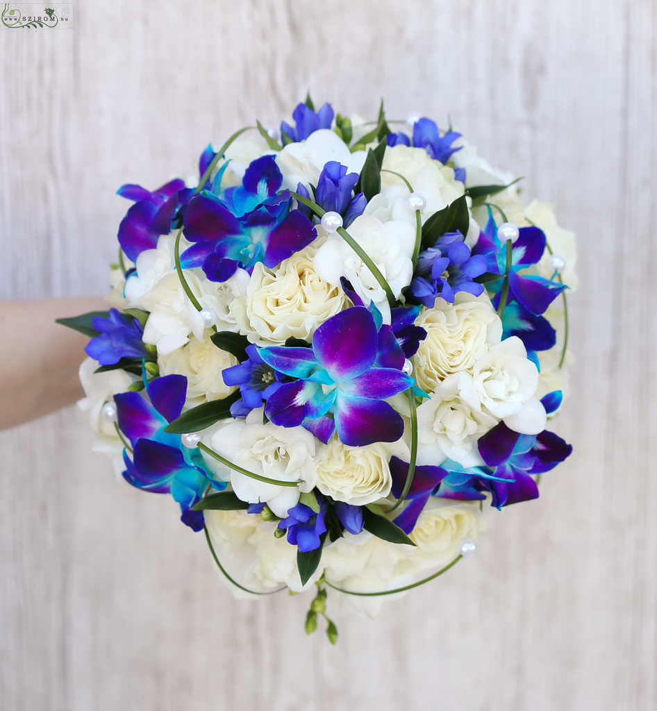 flower delivery Budapest - Bridal bouquet (rose, dendrobium, gentian, freesia, white, blue)