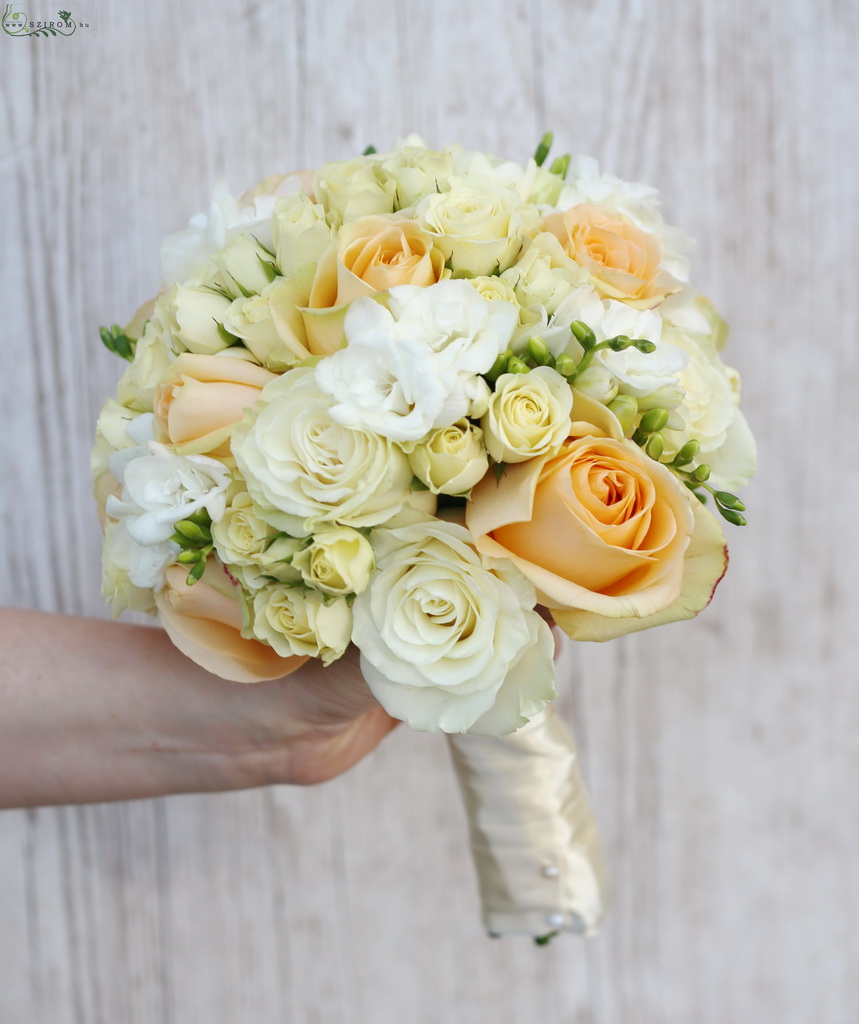 flower delivery Budapest - bridal bouquet (rose, spray rose, freesia, peach, white)