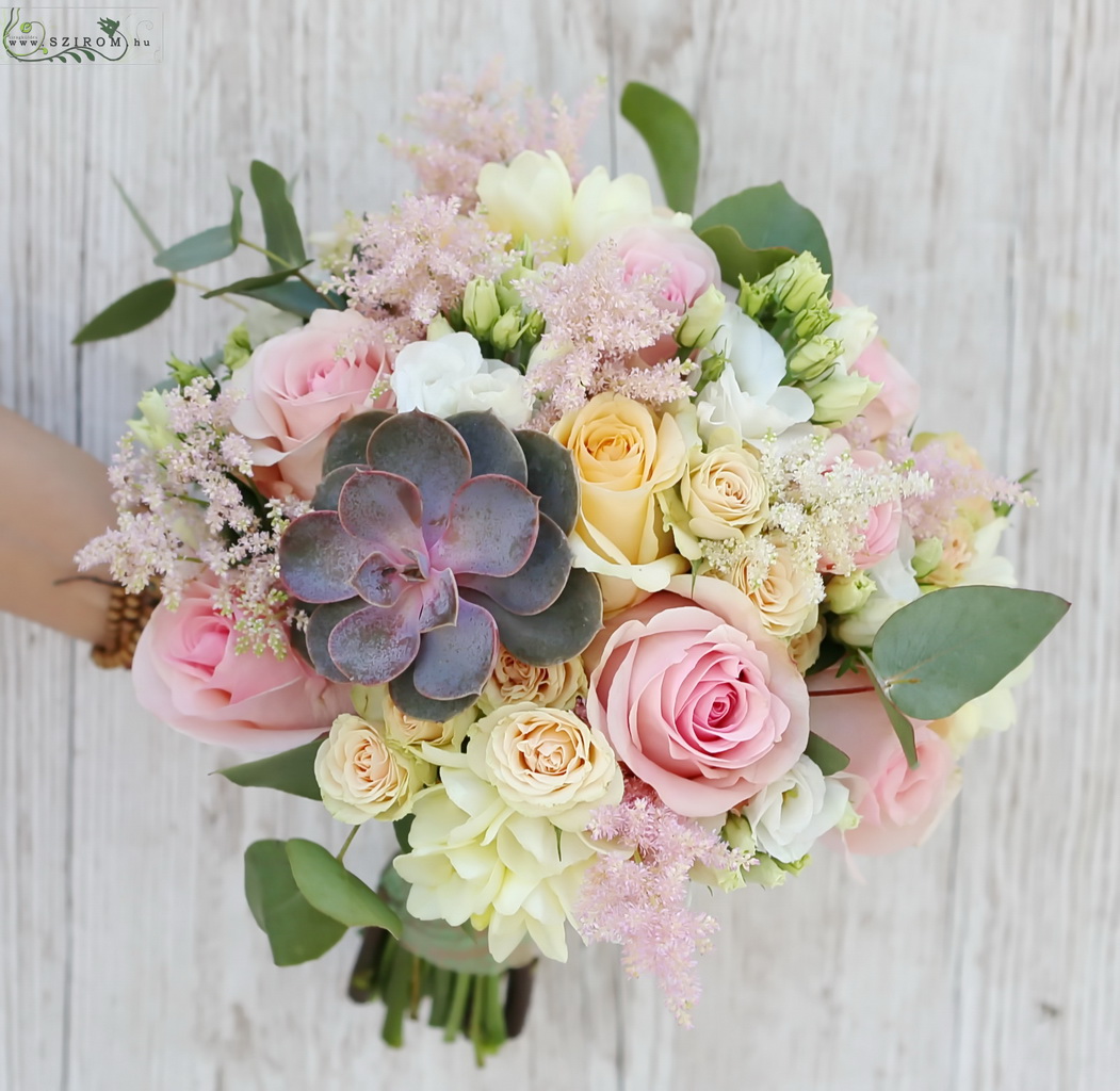 flower delivery Budapest - Bridal bouquet (rose, spray rose, astible, freesia, lisianthus, echeveria, white, peach, pink)