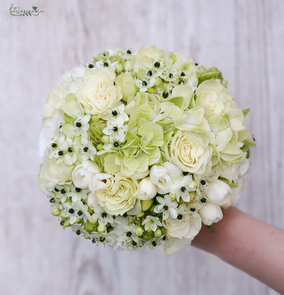 flower delivery Budapest - bridal bouquet (rose, freesia, hydrangea, ornithogalum, white, creme)m)