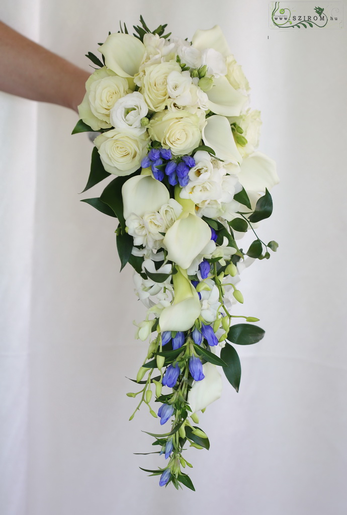 flower delivery Budapest - Drop shape bridal bouquet (rose, lisianthus, cala, gentiana, freesia, dendrobium, white, blue)