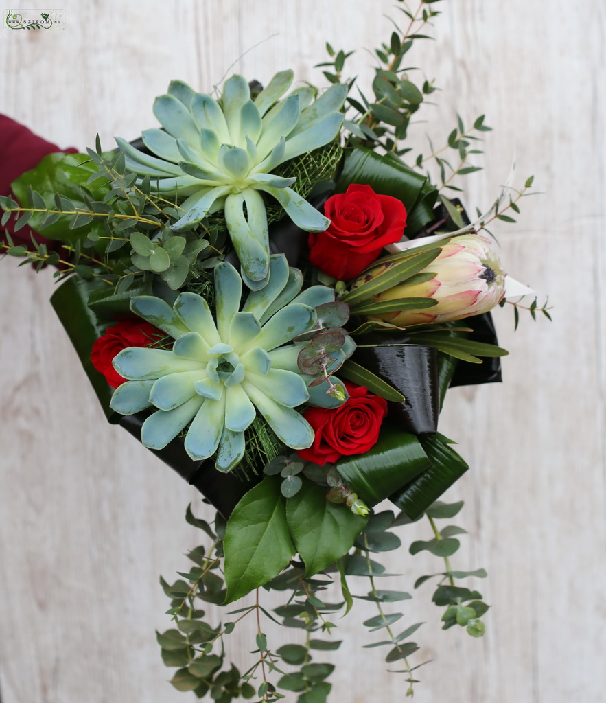 flower delivery Budapest - Bridal bouquet (rose, protea, echeveria, red)