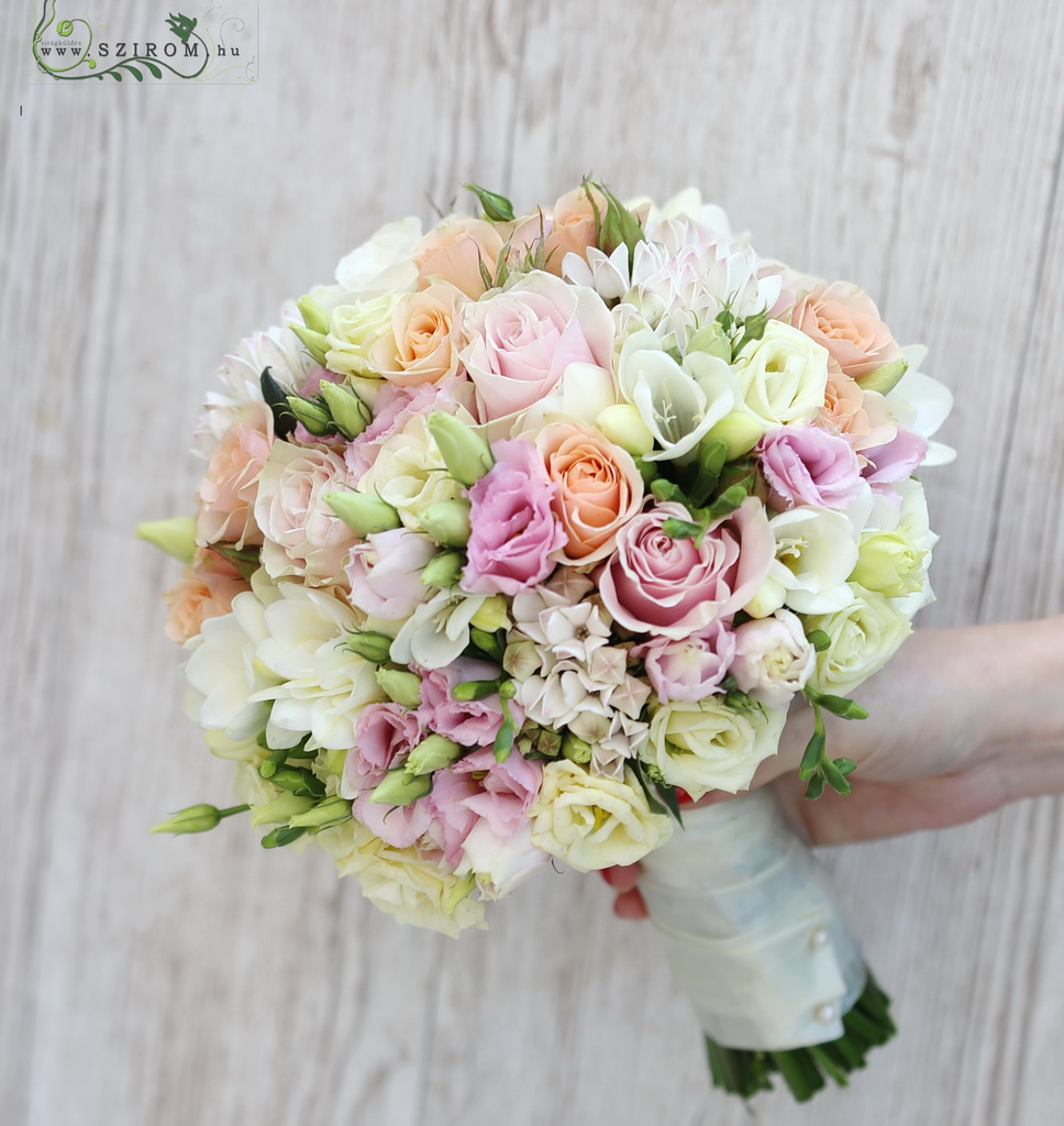 flower delivery Budapest - Bridal bouquet (rose, bouvardia, lisianthus, freesia, white, pink, peach)