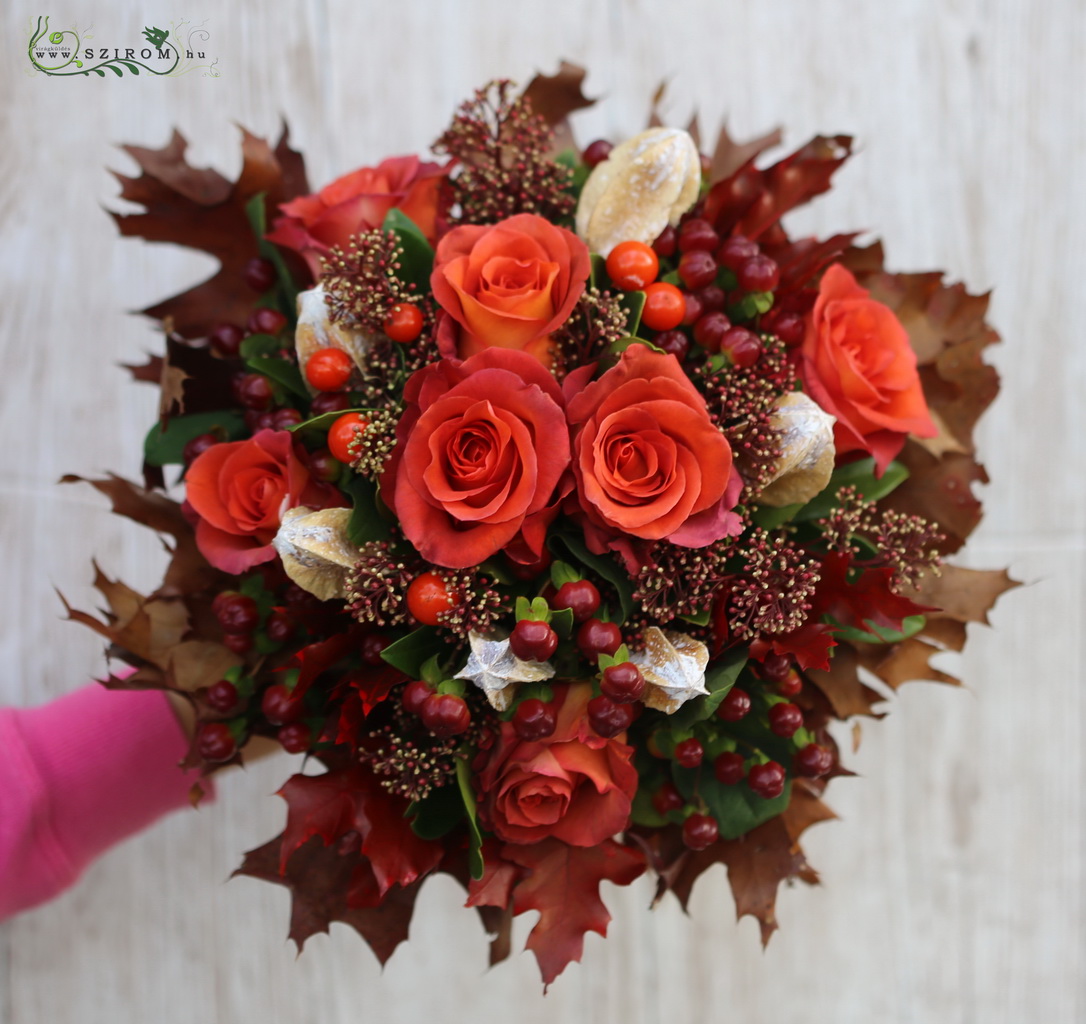 flower delivery Budapest - Bridal autumn bouquet (rose, hypericum berries, skimmia, colored oak, orange, brown, red)