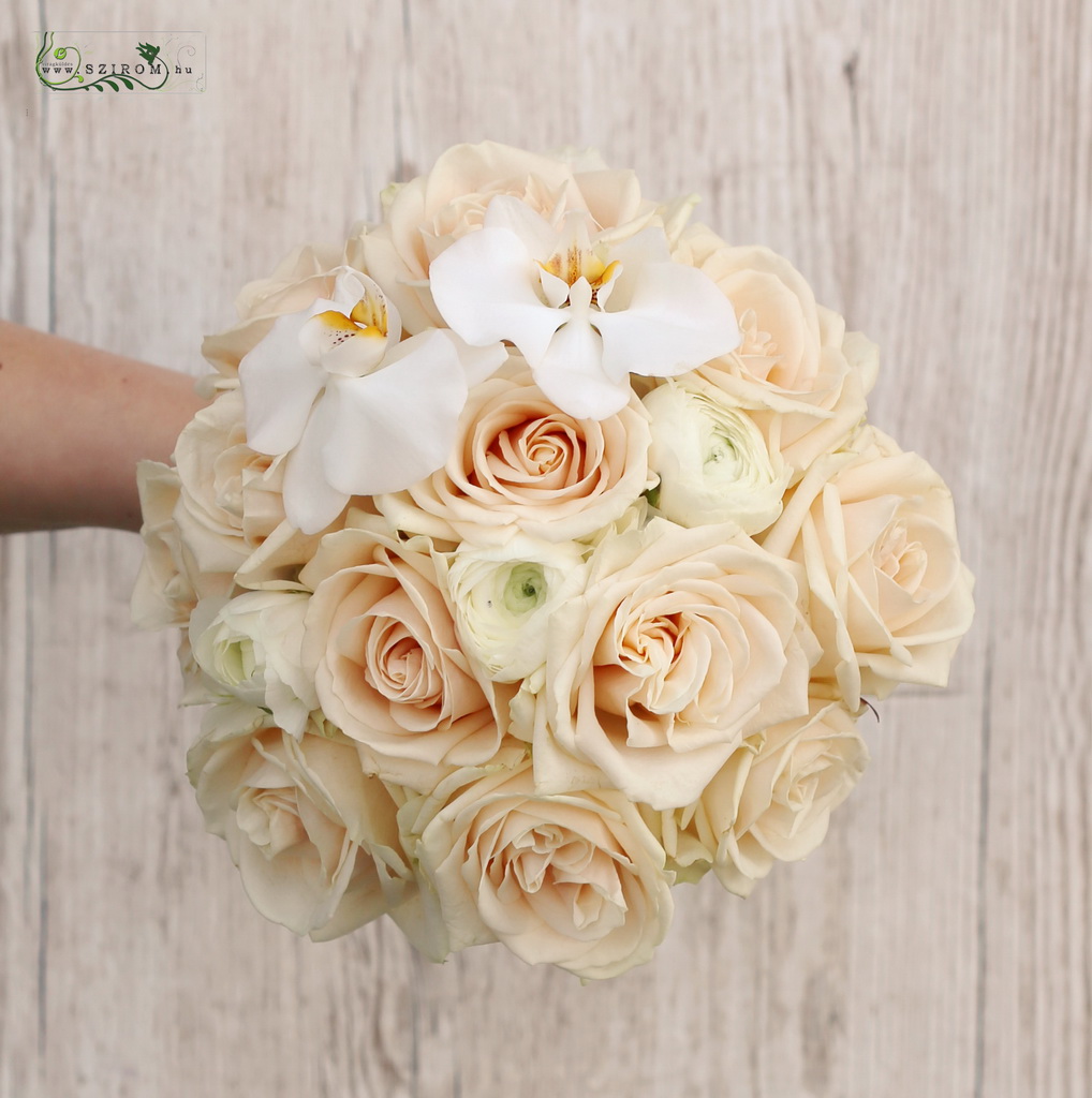 flower delivery Budapest - Bridal bouquet (rose, orchid, buttercup, creme, white)