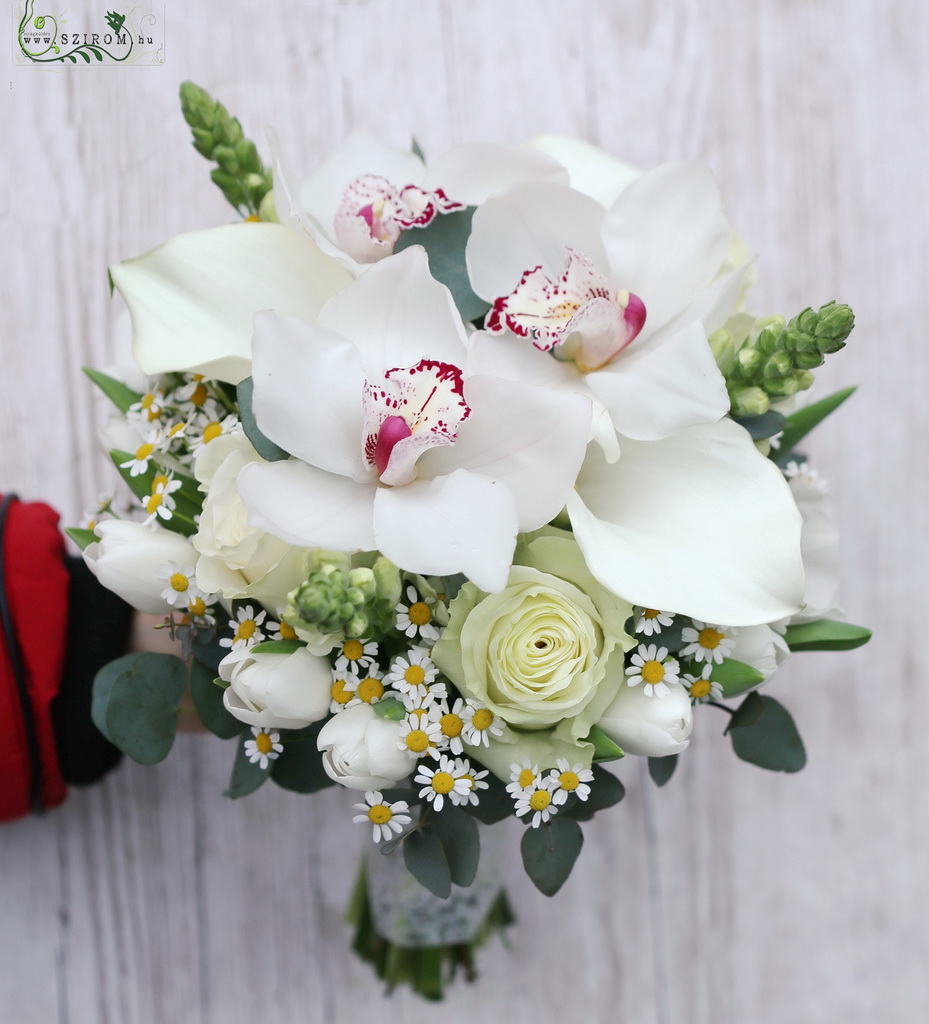 Menyasszonyi csokor (tulipán, rózsa, orchidea, kamilla, ornithogalum, fehér)
