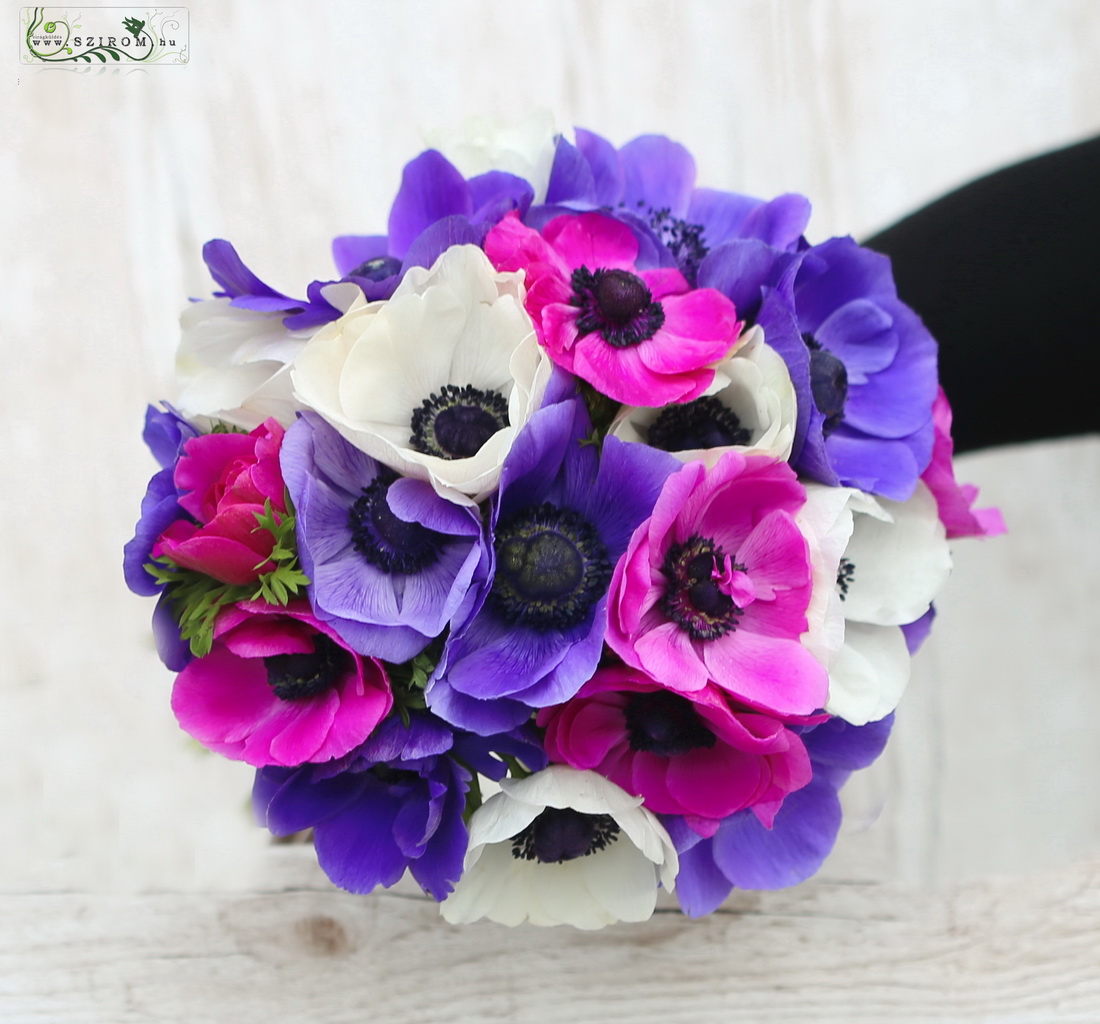 Menyasszonyi csokor (anemone, fehér, rózsaszín, lila)