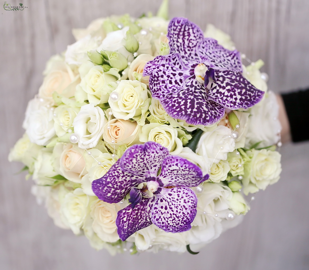 flower delivery Budapest - Bridal bouquet (rose, spray rose, lisianthus, orchid, white, creme, purple)