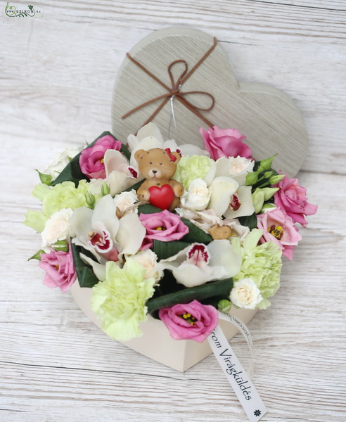 flower delivery Budapest - Heart box with lily of the valley, orchid, teddy bear (13 strands)