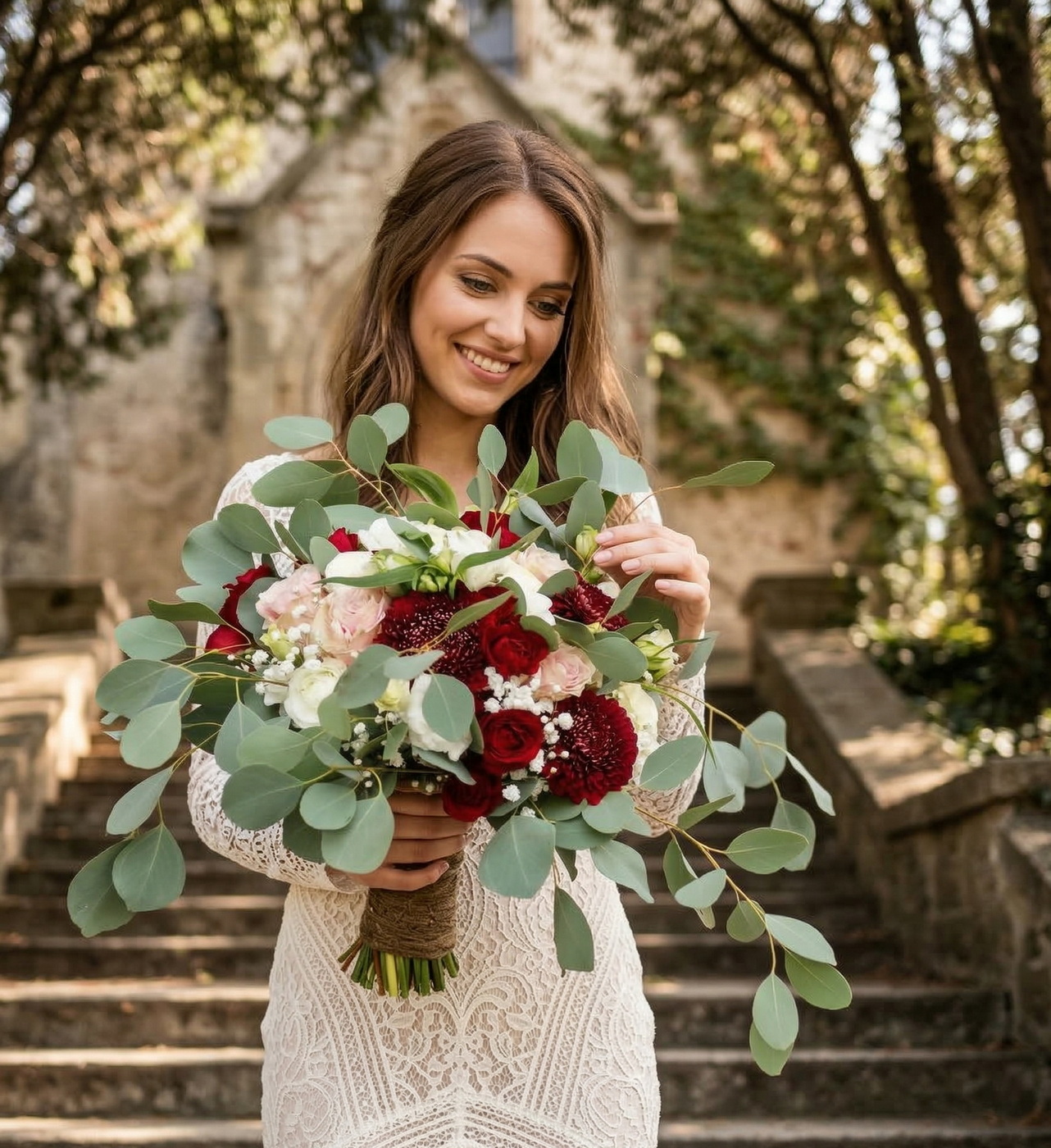 flower delivery Budapest - bridal bouquet (rose, spray rose, garden flower, wild flower, red)