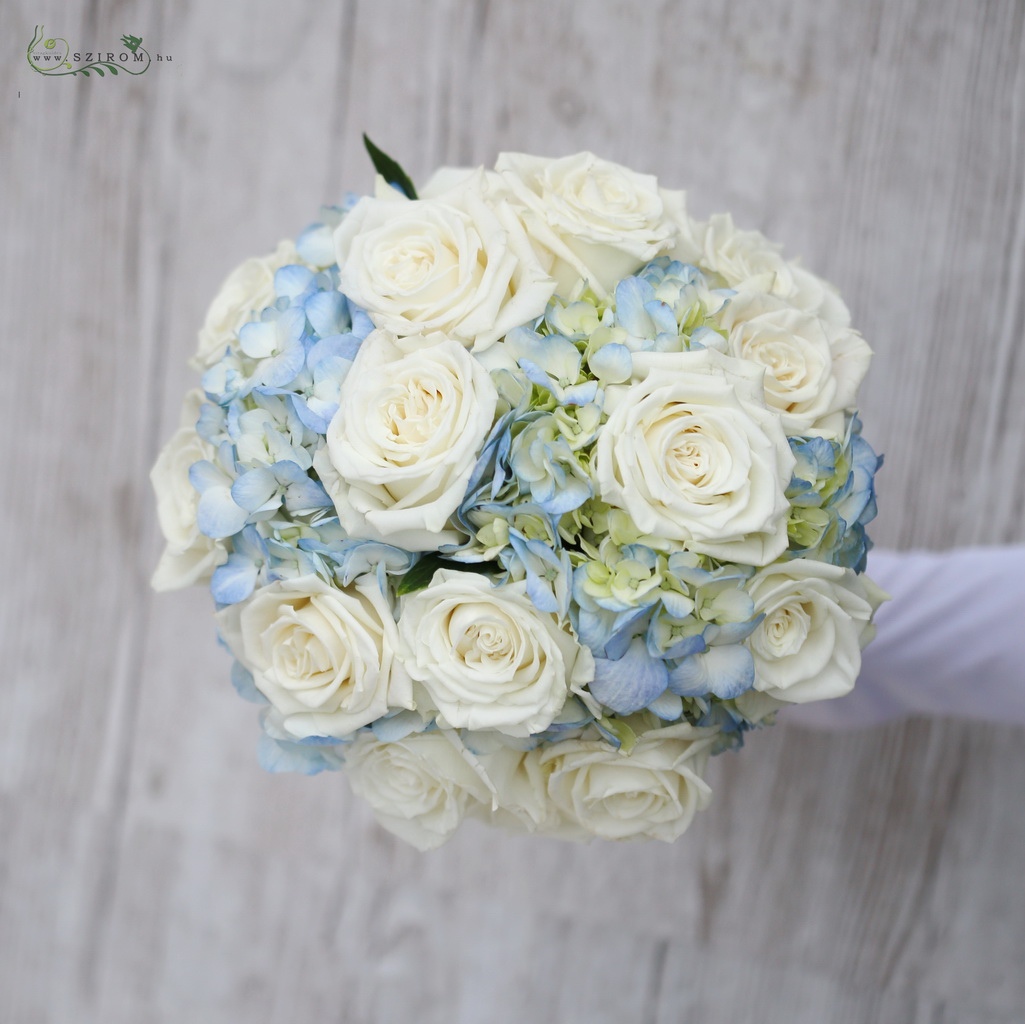 flower delivery Budapest - bridal bouquet (hydrangea, rose, blue, white)