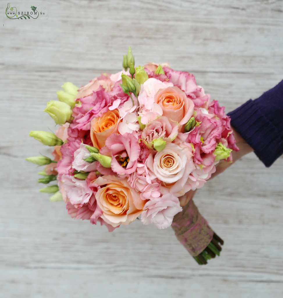 flower delivery Budapest - bridal bouquet (rose, lisianthus, hydrangea, pink, peach)