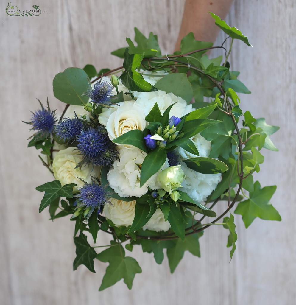 flower delivery Budapest - bridal bouquet (eryngium, rose, lisianthus, white, blue)