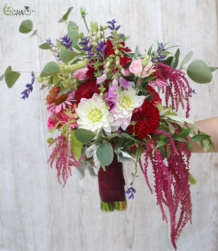 flower delivery Budapest - bridal bouquet (dahlia, garden flower, wild flower, red, pink)