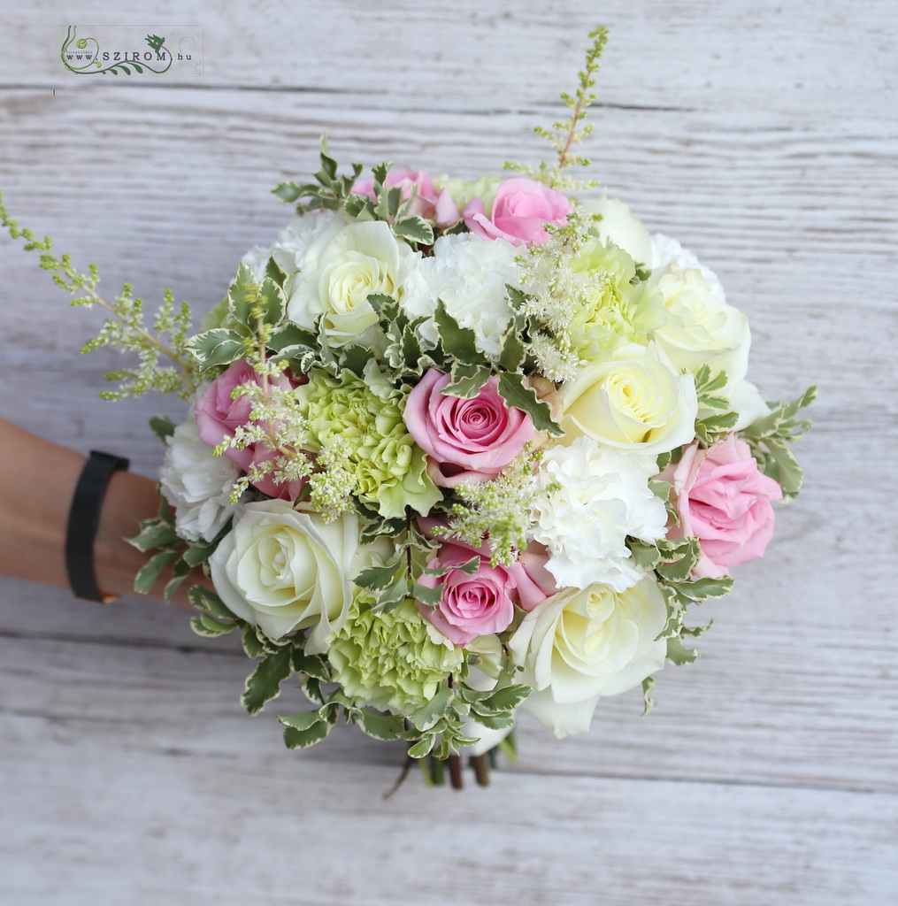 flower delivery Budapest - bridal bouquet (rose, carnation, astilbe, green, pink)