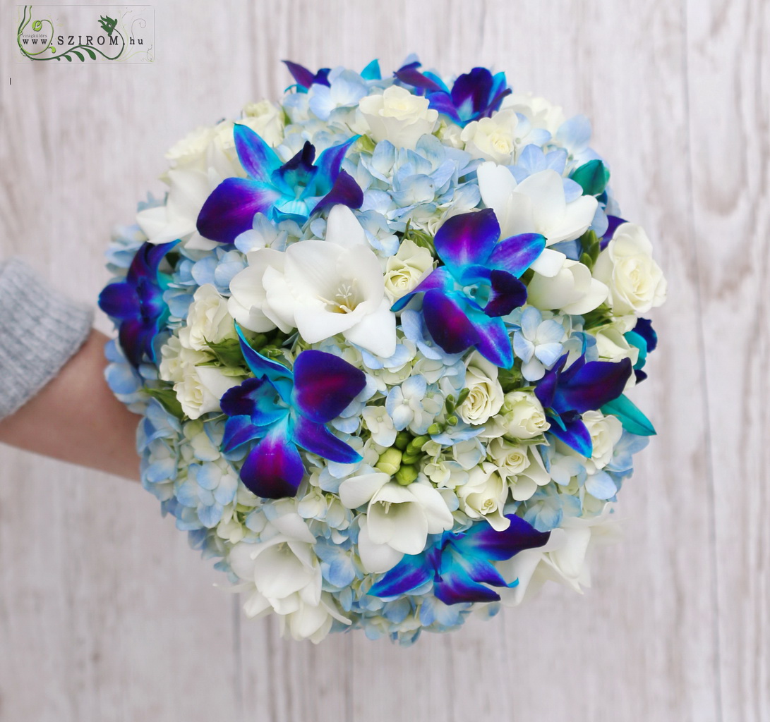 flower delivery Budapest - bridal bouquet (hydrangea, freesia, dendrobium, blue)