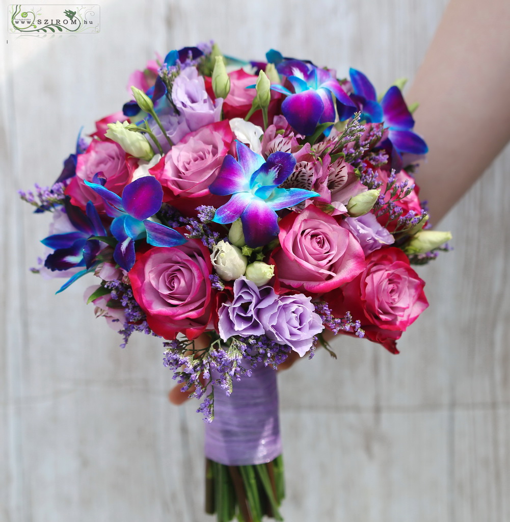 flower delivery Budapest - bridal bouquet (dendrobium, orchid, rose, lisianthus, purple, blue)