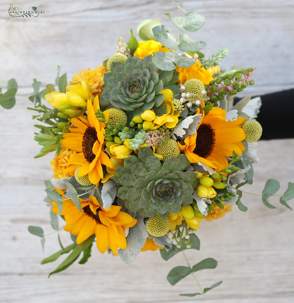 flower delivery Budapest - bridal bouquet (sunflower, freesia, sempervivum, garden flowers, wild flowers, yellow)