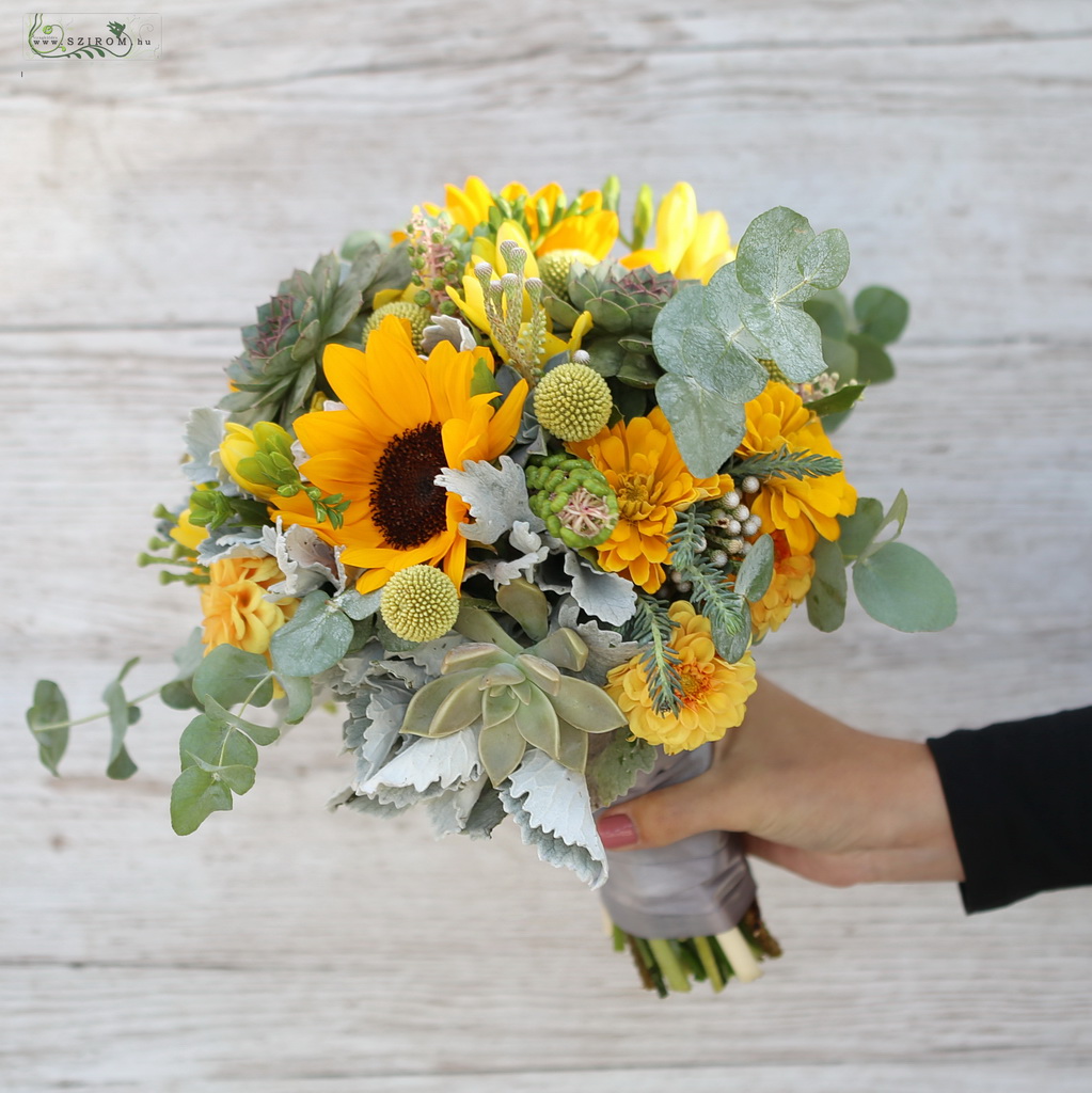 flower delivery Budapest - bridal bouquet (sunflower, zinnia, garden flowers, wild flowers, sempervivum, yellow)