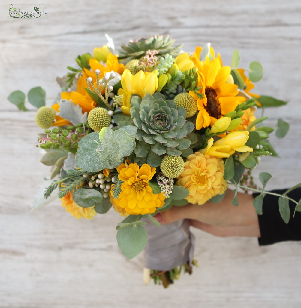 flower delivery Budapest - bridal bouquet (sunflower, freesia, sempervivum, garden flowers, wild flowers, yellow)