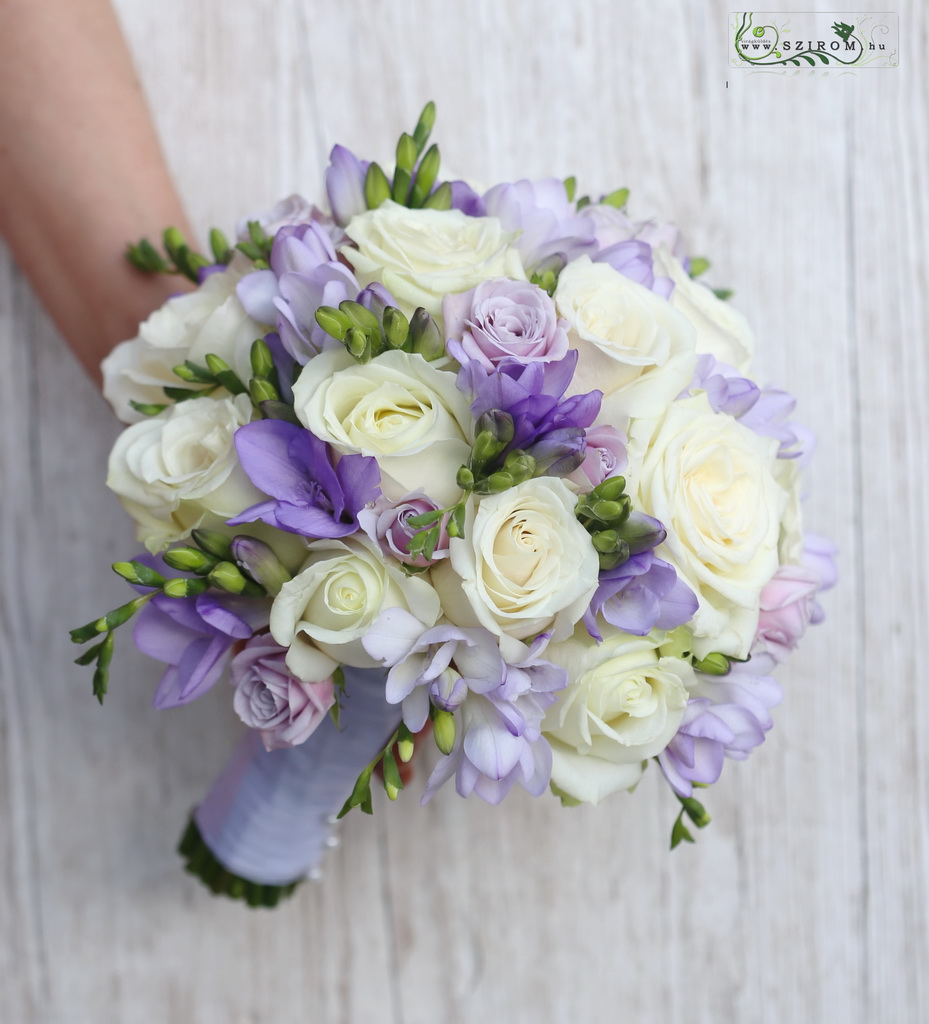 flower delivery Budapest - bridal bouquet (rose, freesia, purple, white)