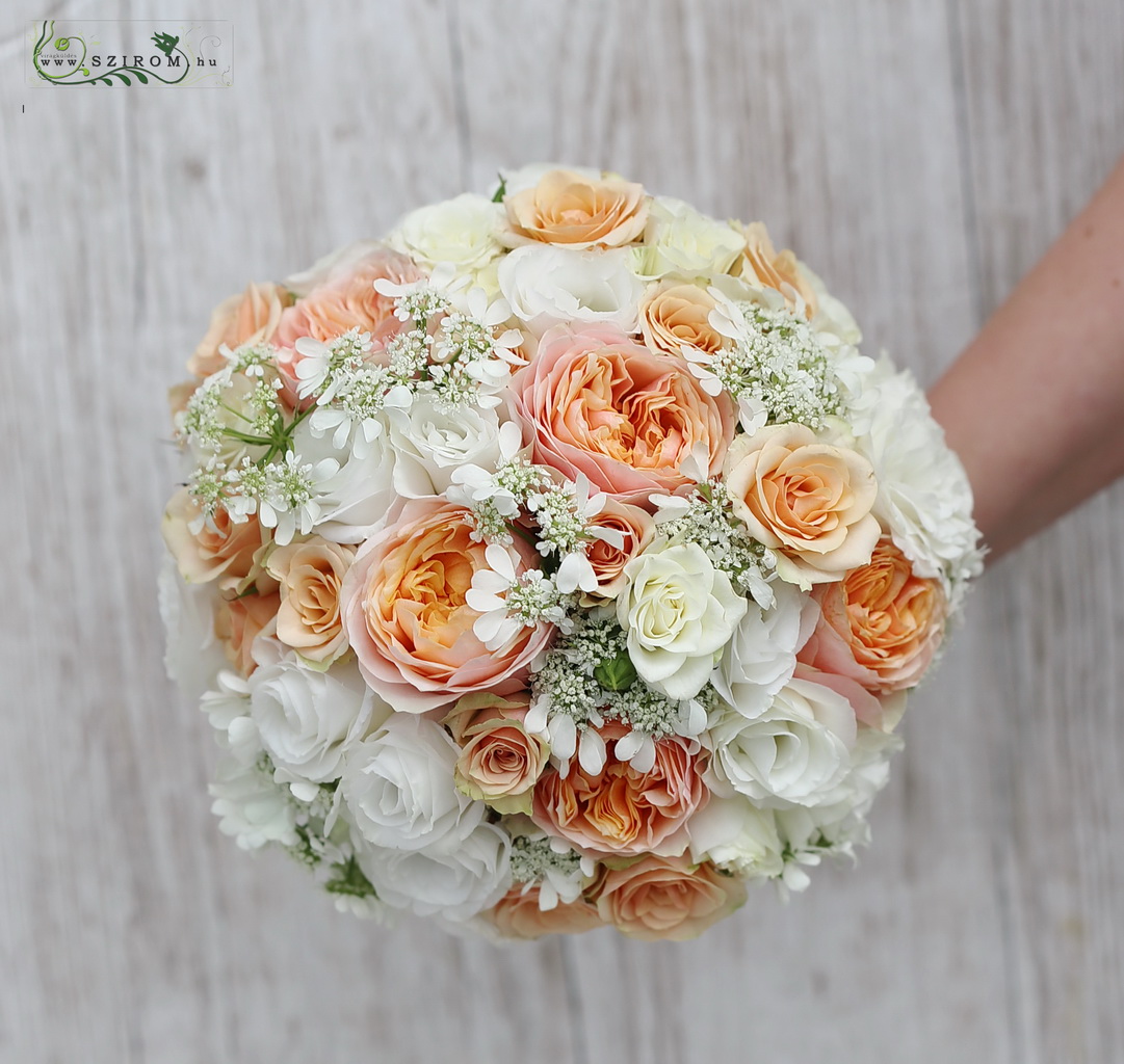 flower delivery Budapest - bridal bouquet (rose, lisianthus, white, peach)