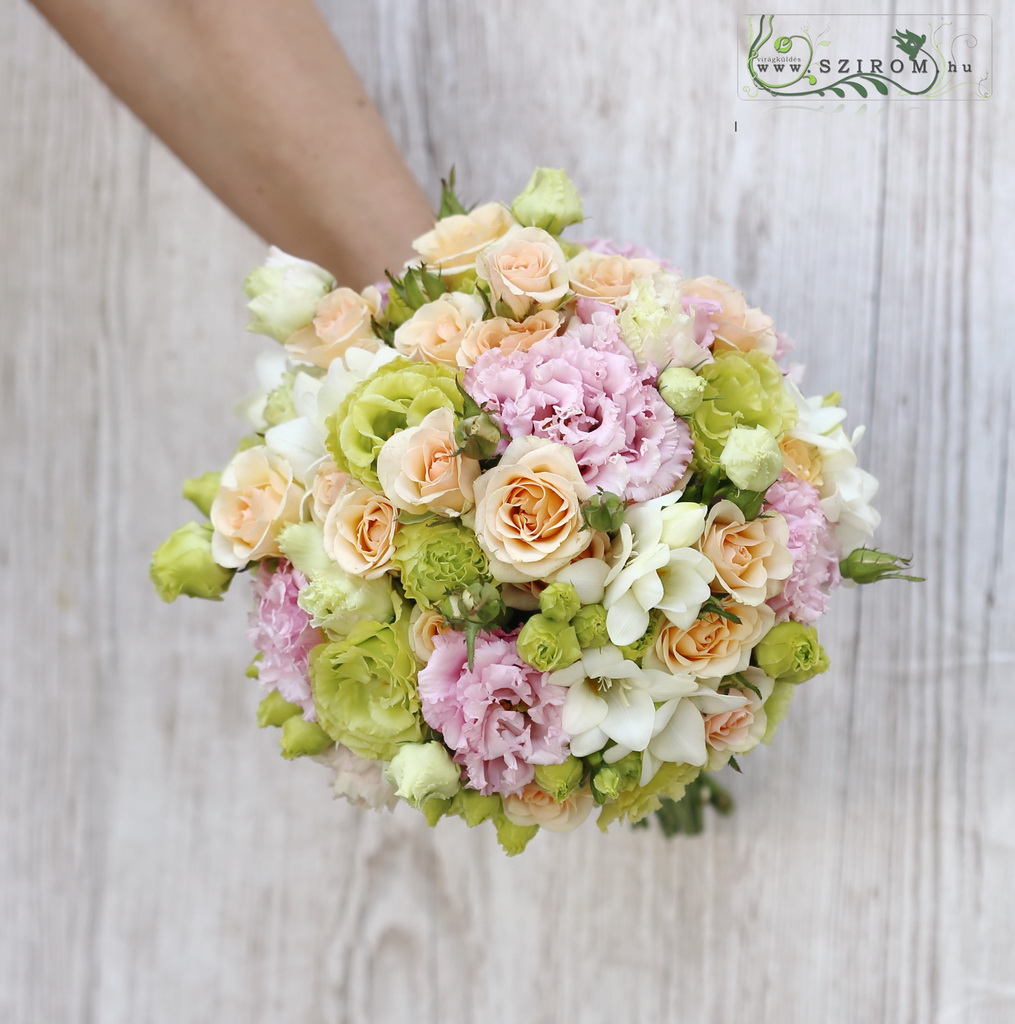 flower delivery Budapest - bridal bouquet (lisianthus, freesia, spray rose, green, peach)