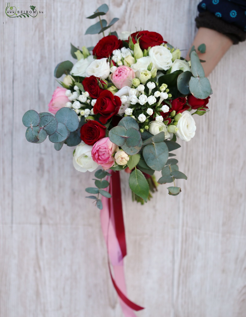 flower delivery Budapest - bridal bouquet (spray rose, bouvardia, english rose, white, red)