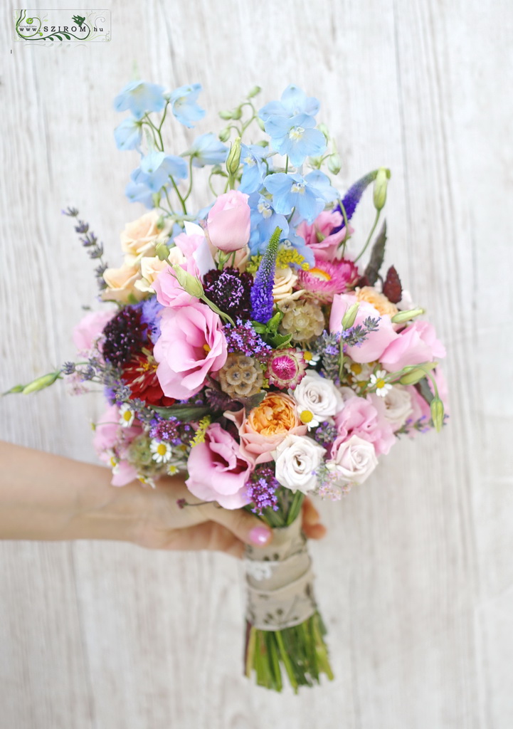 flower delivery Budapest - bridal bouquet (delphinium, lisianthus, garden flowers, wlid flowers, blue, pink)