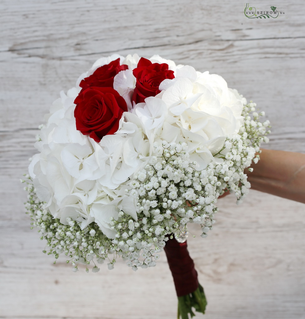 flower delivery Budapest - bridal bouquet (rose, hydrange, baby's breathe, white, red)