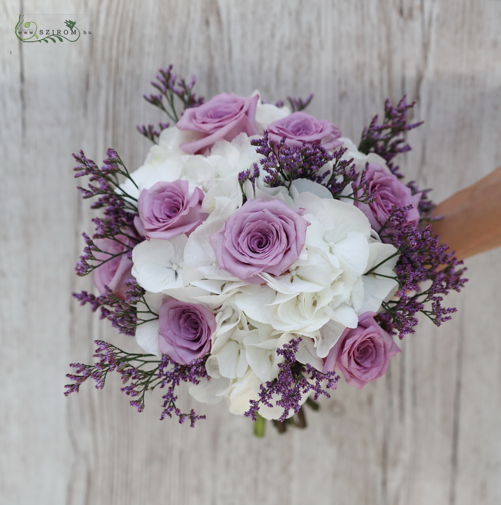 flower delivery Budapest - bridal bouquet (hydrangea, rose, statice, white, purple)