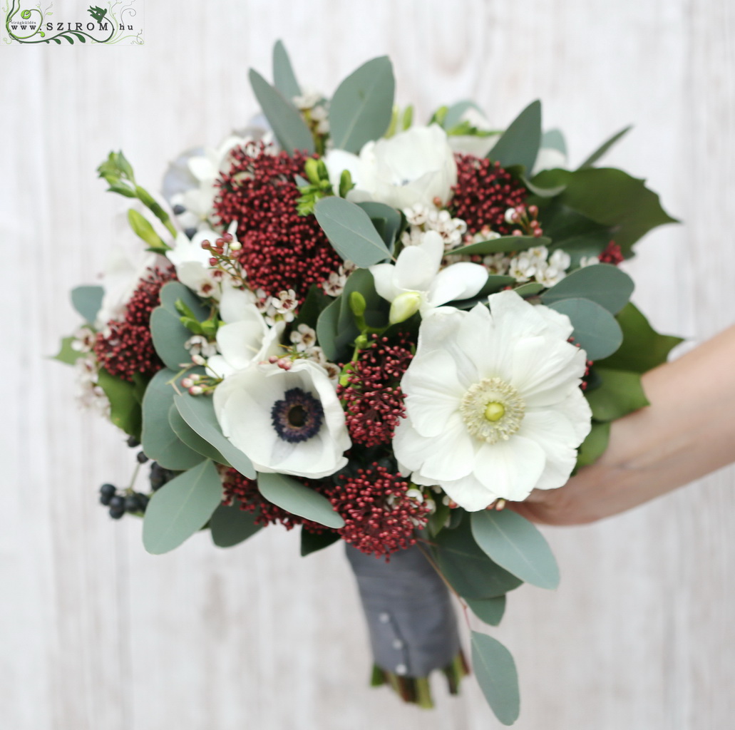 flower delivery Budapest - bridal bouquet (anemone, freesia, white, burgundy)