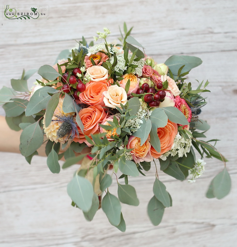 flower delivery Budapest - bridal bouquet (rose, english rose, spray rose, peach)