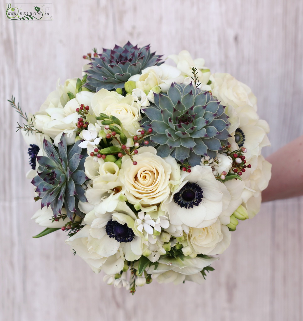 flower delivery Budapest - bridal bouquet (sempervivum, rose, anemone, white, green)