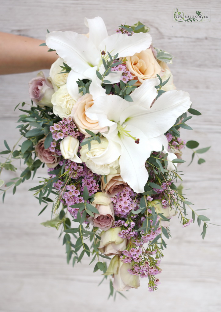 flower delivery Budapest - drop shape bridal bouquet (lilium, rose, wax, pastel, creme, purple)