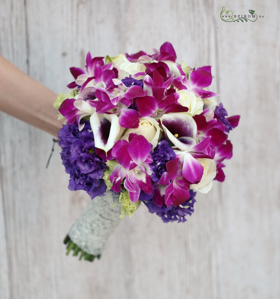 menyasszonyi csokor (kála, dendrobium orchidea, liziantusz, lila, rózsaszín)