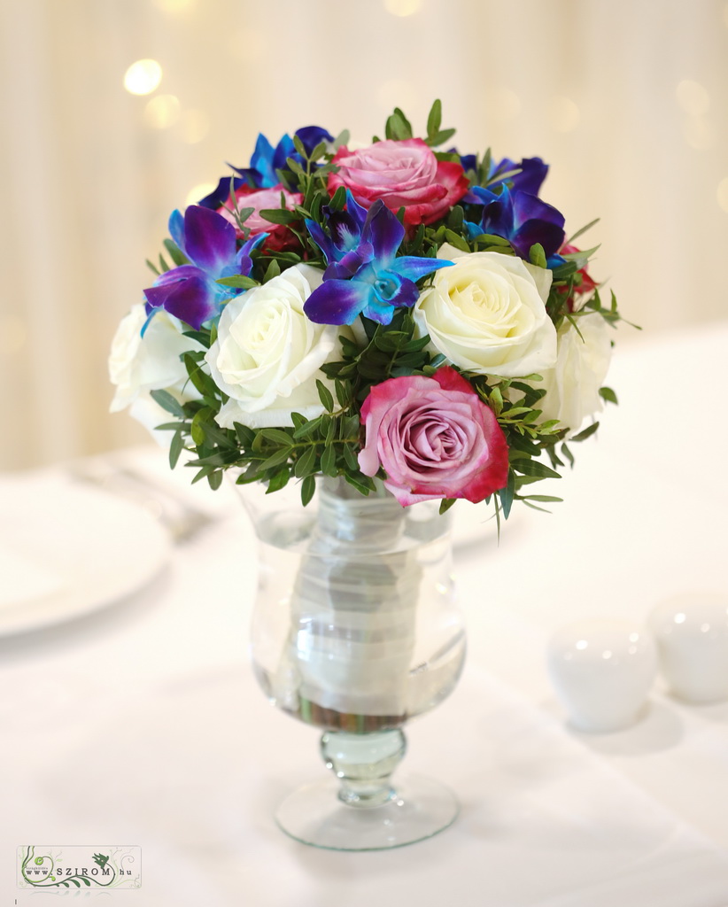 flower delivery Budapest - bridal bouquet (dendrobium orchid, rose, purple, blue)