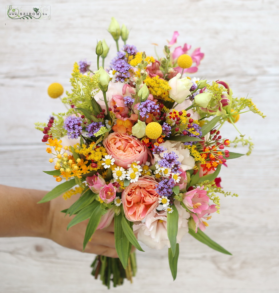 flower delivery Budapest - bridal bouquet (english rose, garden flower, wild flower, colorful, orange, mixed)