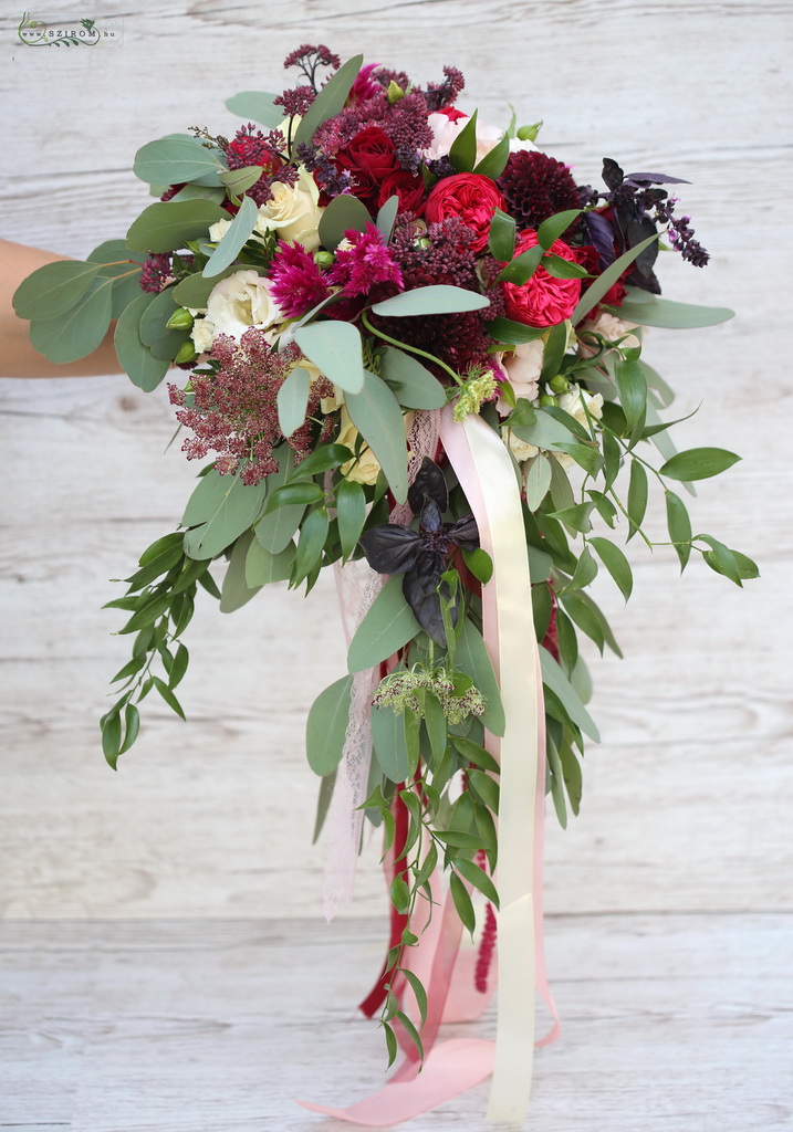 flower delivery Budapest - drop shape bridal bouquet (english rose, garden flower, wild flower, red, burgundy)