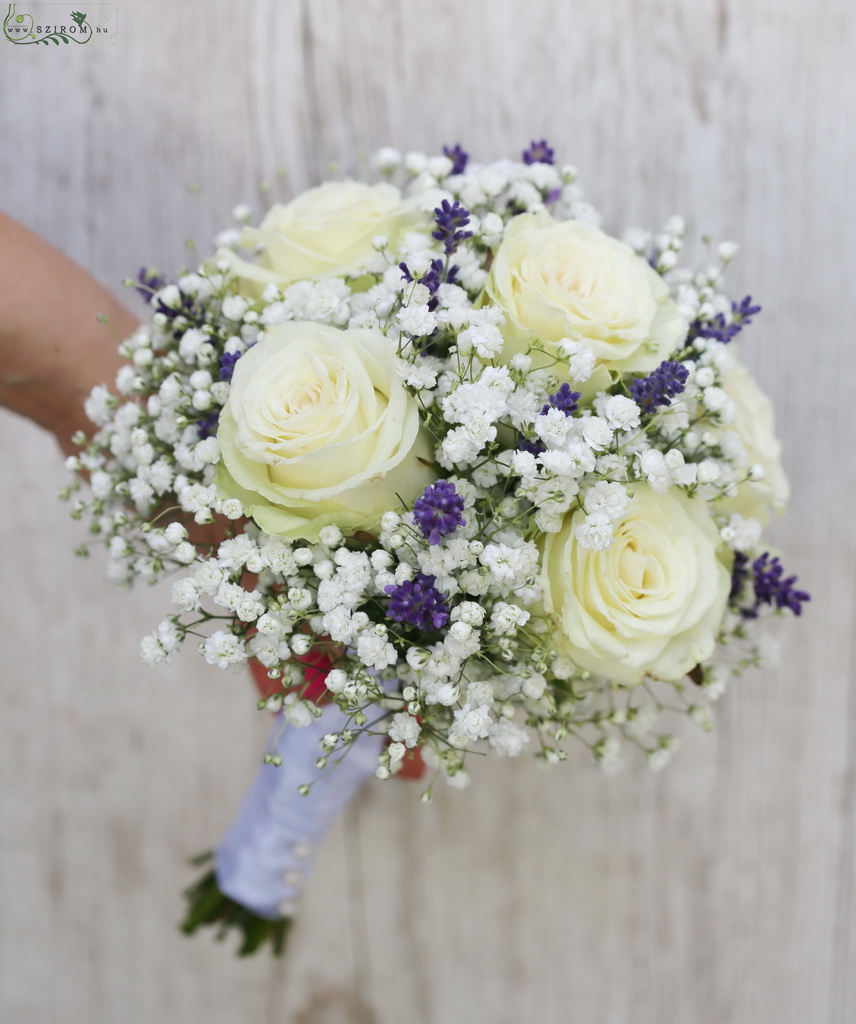 flower delivery Budapest - bridal bouquet (rose, lavandel, baby's breathe, white, purple)