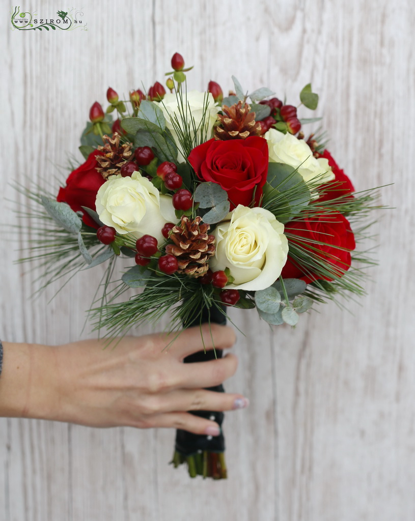 flower delivery Budapest - bridal bouquet (rose, cone, Hypericum,  St. John's wort, berries, white, red)