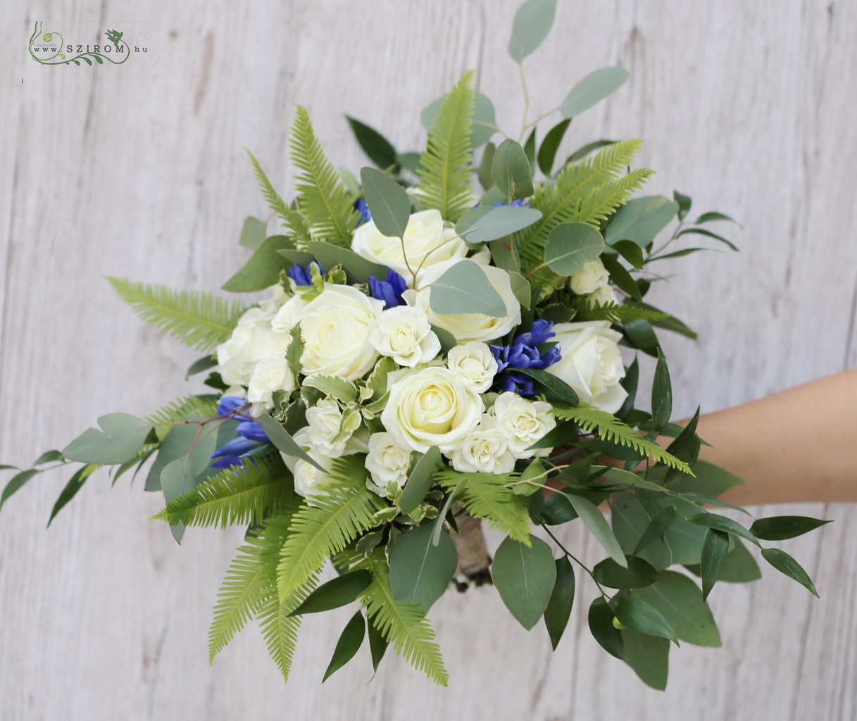 flower delivery Budapest - bridal bouquet (rose, spray rose, gentian, white, blue)