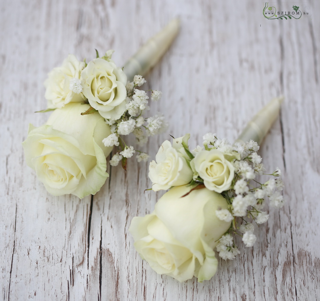 flower delivery Budapest - boutonniere (rose, spray rose, baby's breathe, white) 1 pc