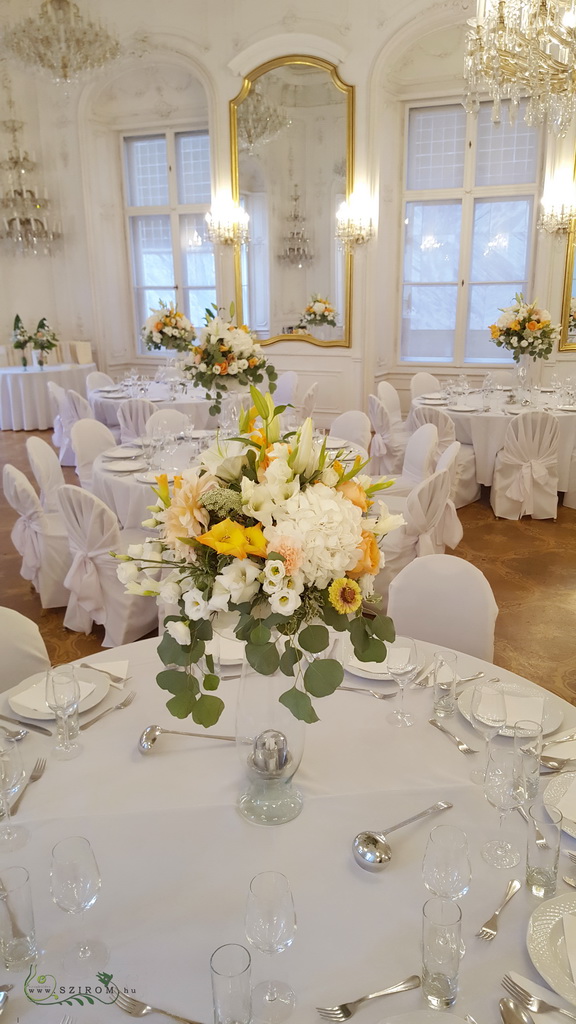 flower delivery Budapest - High wedding centerpiece, Festetics Palota Budapest (gladiolus, lily, hydrangea, wild flowrers, peach, white)