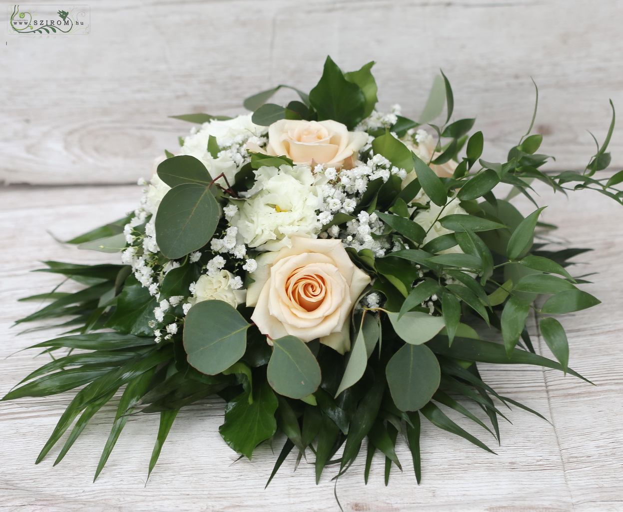 flower delivery Budapest - Table decoration with many greens (rose, babybreath, lisianthus, peach, cream, green)