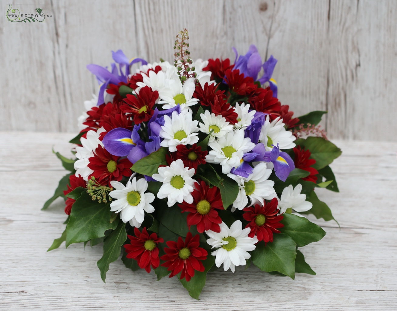 flower delivery Budapest - Hemispherical table decoration (chrysanthemum, iris, white, burgundy, blue) 