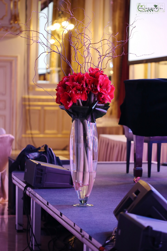 Blumenlieferung nach Budapest - Hoher Tafelaufsatz in Glasvase (Amarilis, gedrehter Haselnusszweig, rot)