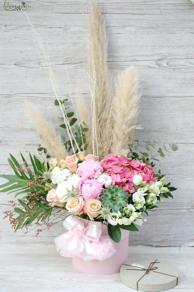 flower delivery Budapest - Big cylinder rosebox with pampas grass, echeveria, cotton flower, furry ball, and pastel flowers